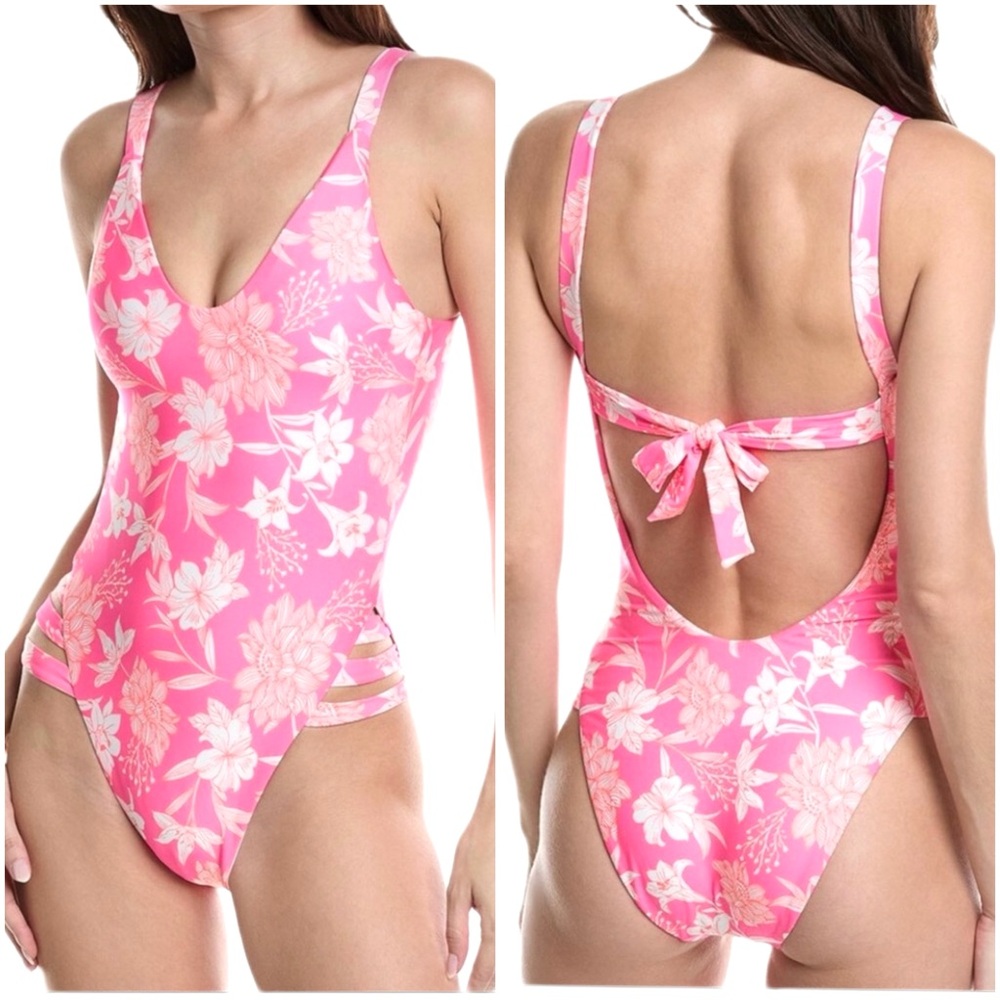 BECCA NWT Vibrant Pink Floral Play High Leg Cutout One Piece Swimsuit